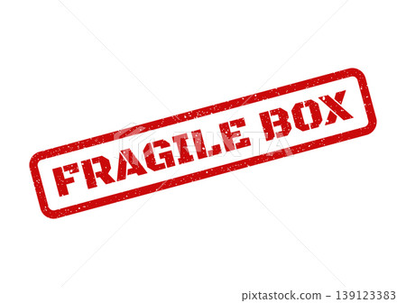 Textured red stamp displaying FRAGILE BOX as a clear instruction for careful handling of enclosed contents 139123383