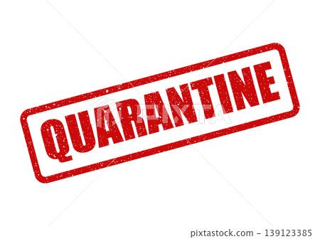 Textured red stamp featuring a rectangular outline with the prominent word Quarantine for isolation protocols 139123385