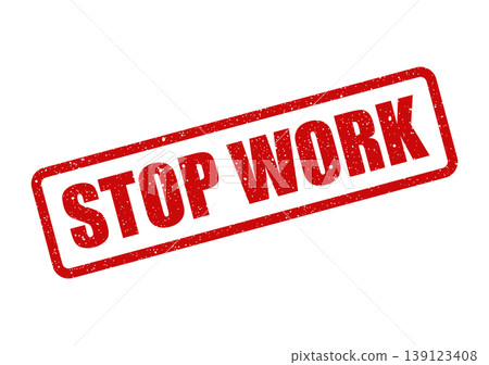 Textured rubber stamp displaying prominent uppercase text STOP WORK inside a solid rectangular border, suggesting an immediate halt to activity or project 139123408