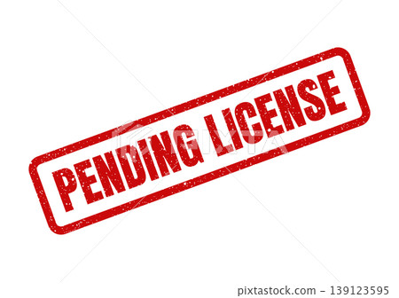 Vibrant red rectangular rubber stamp illustration with PENDING LICENSE phrase for official approval process 139123595