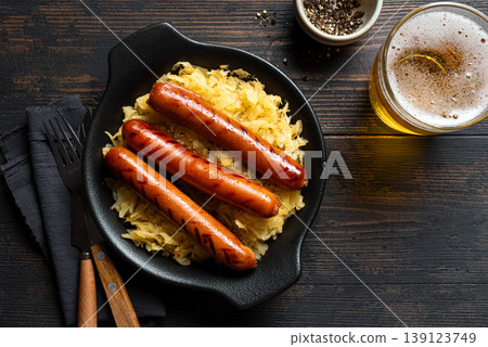 Bavarian Bratwurst meal with Sauerkraut and Beer Bavarian Bratwurst meal with Sauerkraut and Beer 139123749