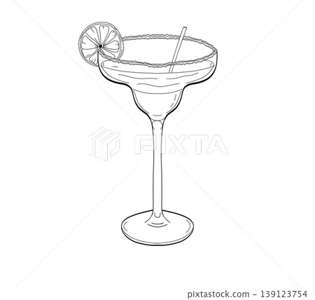 Margarita cocktail outline sketch with lime slice and salt rim Margarita cocktail outline sketch with lime slice and salt rim 139123754