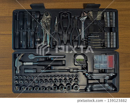 Complete Household Tool Kit in Open Toolbox with Hammer Screwdrivers Pliers Wrenches Socket Set DIY Home Repair Maintenance Construction Flat Lay Complete Household Tool Kit in Open Toolbox with Hammer Screwdrivers Pliers Wrenches Socket Set DIY Home Repair Maintenance Construction Flat Lay 139123882