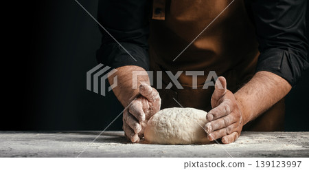 Baker shaping dough on table with copy space, artisan bread preparation banner 139123997