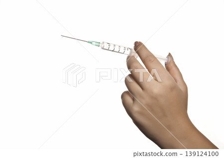 Against a white background, the woman was holding a medical syringe. Against a white background, the woman was holding a medical syringe. 139124100