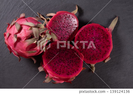 Dragon fruit on a grey granite background. 139124136