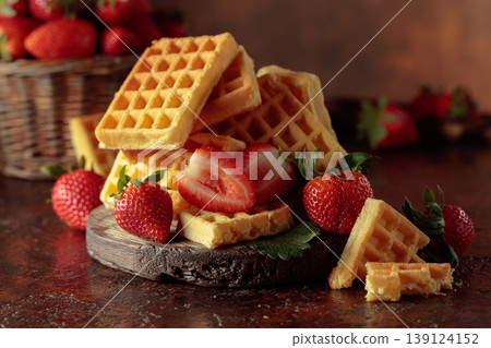 Belgian waffles with fresh strawberries. Belgian waffles with fresh strawberries. 139124152