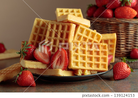 Belgian waffles with fresh strawberries. Belgian waffles with fresh strawberries. 139124153