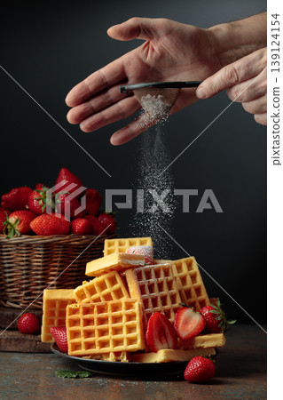 The chef sprinkles powdered sugar on the waffles topped with fresh strawberries. The chef sprinkles powdered sugar on the waffles topped with fresh strawberries. 139124154
