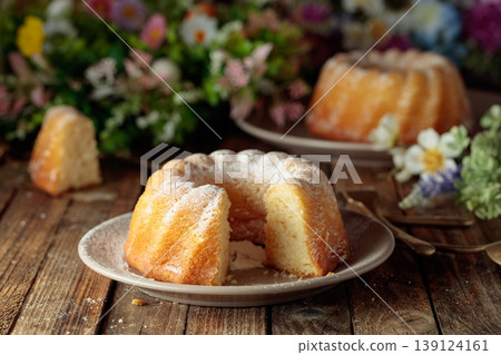 Traditional vanilla pound cake with orange extract and spring flowers on an old wooden table. 139124161