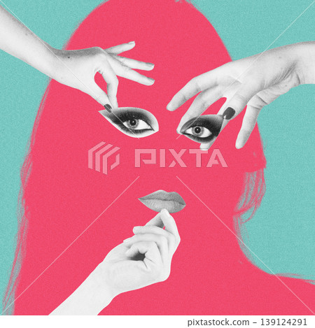 Female silhouette hands placing eyes lips identity collage Female silhouette hands placing eyes lips identity collage 139124291