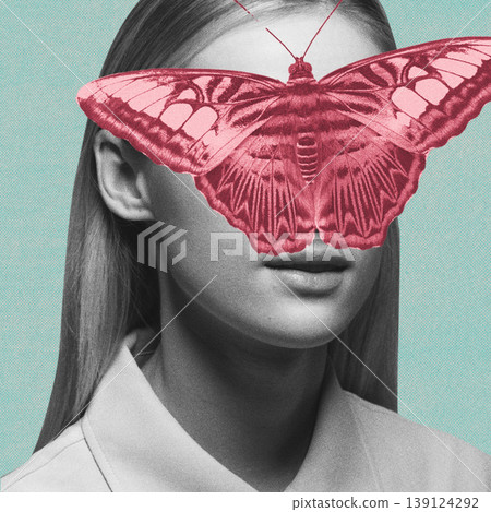 Female portrait with covering pink butterfly collage Female portrait with covering pink butterfly collage 139124292