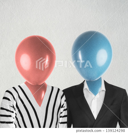 Couple having balloons instead of heads representing identity concept Couple having balloons instead of heads representing identity concept 139124298