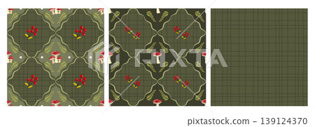 Seamless forest cute motif print pattern for kids and autumn fall. Mushroom and leaves design trendy fun botanical art. Red background through boho floral repeat perfect for halloween. 139124370