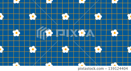 Seamless spring pattern and cute kawaii floral with daisy flower kid. Quilt coquette summer and check ornament blue with notebook illustration background. Stripe seamless checkerboard. 139124404