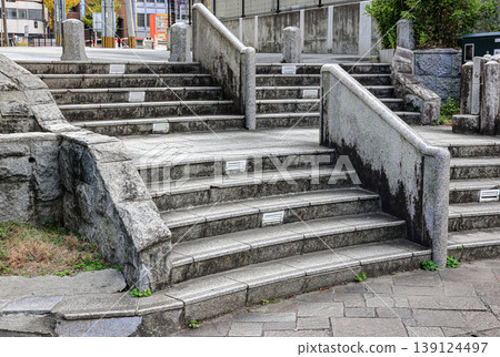 Gray stairs with traces of use, granite stairs, wide stone stairs, steps. 139124497