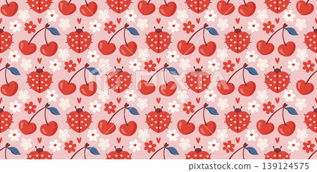 Seamless cute ladybug pattern with red beetles, cherry, flowers, and soft heart accents. Designed for baby fabrics, spring pajamas, and sweet Valentine or birthday prints 139124575