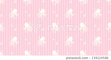 Vector Seamless pattern with cute jellyfish and coral. Playful underwater design in soft tones, perfect for kids textiles, wrapping, and marine-themed deco 139124586