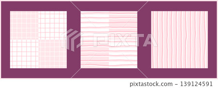 Pattern set pink and gingham seamless texture with tartan plaid check. Tablecloth picnic kids and easter background vector with cloth vichy cute. Grid pattern drawn and soft gingham print. Pattern set pink and gingham seamless texture with tartan plaid check. Tablecloth picnic kids and easter background vector with cloth vichy cute. Grid pattern drawn and soft gingham print. 139124591
