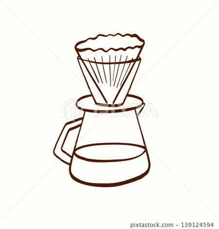 Pour over coffee maker with paper filter in simple hand-drawn style on a light background. Minimal brewing element for cafe branding, coffee packaging, menus, stickers and kitchen designs Pour over coffee maker with paper filter in simple hand-drawn style on a light background. Minimal brewing element for cafe branding, coffee packaging, menus, stickers and kitchen designs 139124594