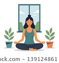 Woman sitting yoga pose home plant 139124861