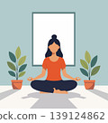 Woman meditating lotus pose home plant 139124862