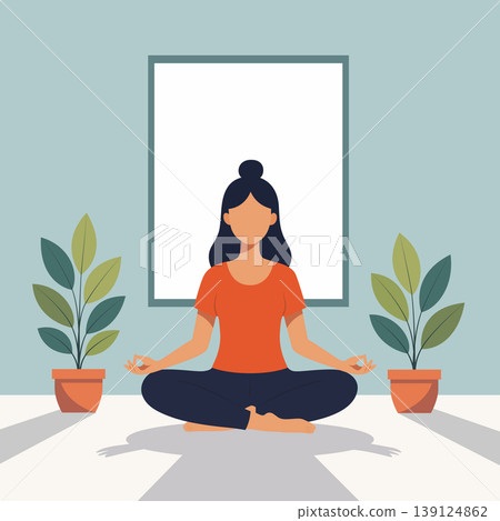 Woman meditating lotus pose home plant Woman meditating lotus pose home plant 139124862