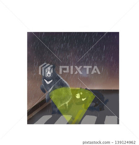 雨夜,一隻母熊帶著幼崽穿過馬路,汽車前燈照射過來。 (插圖包含動物警告和交通安全資訊。) 雨夜,一隻母熊帶著幼崽穿過馬路,汽車前燈照射過來。 (插圖包含動物警告和交通安全資訊。) 139124962