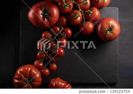 Organic red tomatoes for sale at farmers market. Fresh tomatoes displayed at local market stall. Organic red tomatoes for sale at farmers market. Fresh tomatoes displayed at local market stall. 139125754