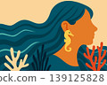 Vector poster with mermaid surrounded by sea, corals and seaweed. Vacation concept in marine style 139125828