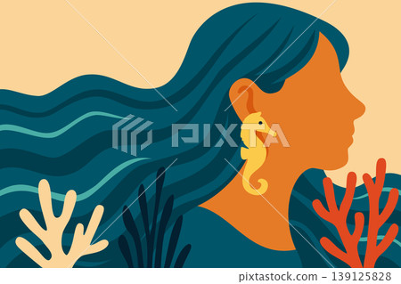 Vector poster with mermaid surrounded by sea, corals and seaweed. Vacation concept in marine style Vector poster with mermaid surrounded by sea, corals and seaweed. Vacation concept in marine style 139125828