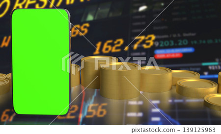 Mobile Trading and Investment Concept with Smartphone Green Screen and Financial Market Background 3d render. Mobile Trading and Investment Concept with Smartphone Green Screen and Financial Market Background 3d render. 139125963