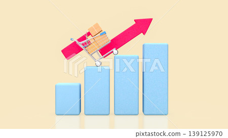 E commerce Growth Concept With Shopping Cart Rising On Bar Chart 3d render. 139125970