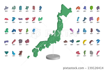 日本地圖上所有47個都道府縣的圖釘圖示清單（3D插圖） 139126414