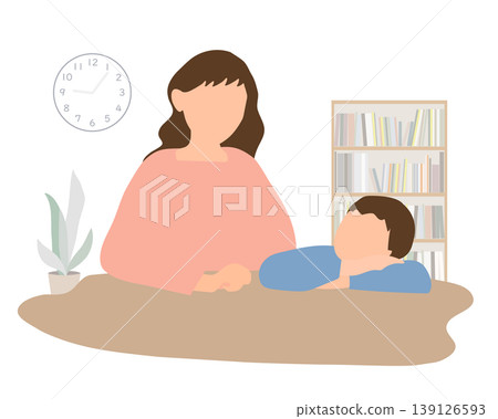 一幅插圖，描繪了一個沮喪的小學生，他低著頭趴在桌子上，他的母親在旁邊。 139126593
