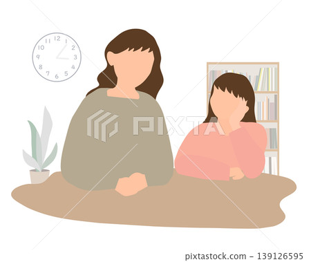 一幅描繪小學生小女孩和母親放鬆休息的插圖。 一幅描繪小學生小女孩和母親放鬆休息的插圖。 139126595