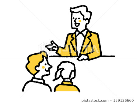 Young men and women consulting with counter staff_color Young men and women consulting with counter staff_color 139126660
