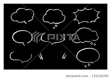 A set of hand-drawn speech bubbles that stand out against a black background. Simple chalk-style conversation and thought bubbles. A set of hand-drawn speech bubbles that stand out against a black background. Simple chalk-style conversation and thought bubbles. 139126709