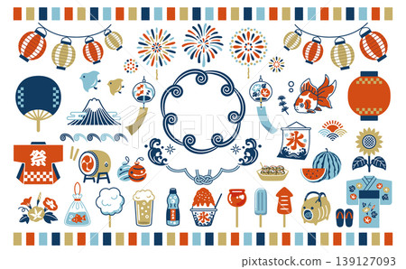 A set of Japanese-style illustrations for a summer festival: summer, festival, fireworks display, lanterns, wind chimes, seasonal traditions, goldfish, fair stalls. 139127093