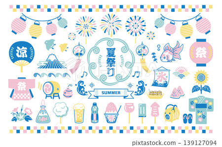 A set of Japanese-style illustrations for a summer festival: summer, festival, fireworks display, lanterns, wind chimes, seasonal traditions, goldfish, fair stalls. 139127094