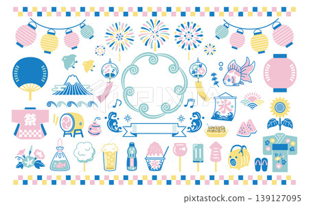 A set of Japanese-style illustrations for a summer festival: summer, festival, fireworks display, lanterns, wind chimes, seasonal traditions, goldfish, fair stalls. 139127095