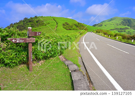 伊豆半島上的伊豆山脊步道;一條與公路相交的步道;從小木山眺望達摩山。 伊豆半島上的伊豆山脊步道;一條與公路相交的步道;從小木山眺望達摩山。 139127105