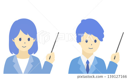 A set of illustrations (in cool colors) of smiling business people, a man and a woman, holding pointers. A set of illustrations (in cool colors) of smiling business people, a man and a woman, holding pointers. 139127166