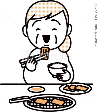 老年婦女吃烤肉（日式烤肉） 139127487