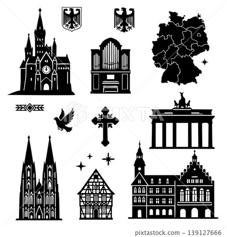 Hand Drawn German Landmark Silhouette Buildings Set.Vector Illustration Hand Drawn German Landmark Silhouette Buildings Set.Vector Illustration 139127666
