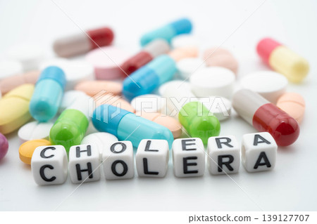 Cholera Disease word with pills and capsules medical drug. Cholera Disease word with pills and capsules medical drug. 139127707