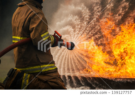Professional fire fighters extinguishing intense fire with water hose Professional fire fighters extinguishing intense fire with water hose 139127757