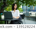 Woman working remotely on laptop in modern outdoor workspace 139128224
