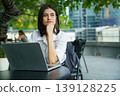 Woman working remotely on laptop in modern outdoor workspace 139128225