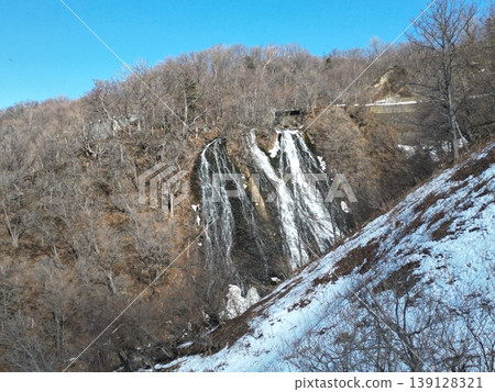 Aerial view of Oshinkoshin Falls along the coastline of Utoro, Hokkaido. 139128321
